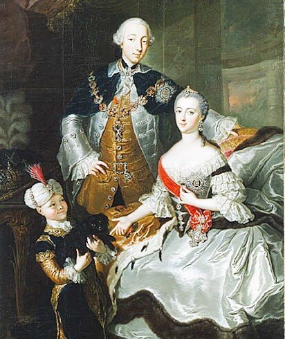 "Великий князь Пётр Фёдорович, великая княгиня Екатерина Алексеевна и паж". Худ.: А. де Гаск. 1756 г.