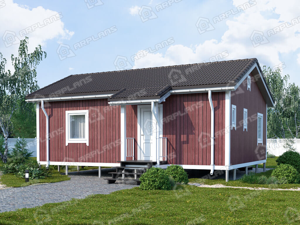 Фото 2 одноэтажного каркасного дома с 2 спальнями и патио. 60 кв м. Источник arplans.ru Проект И-093