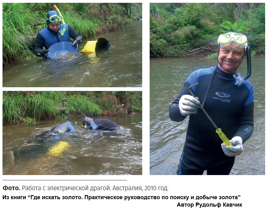 Поиск золота под водой с помощью подводной драги и нехитрого крючка. Фото из книги "Где искать золото. Практическое руководство по поиску и добыче золота"  