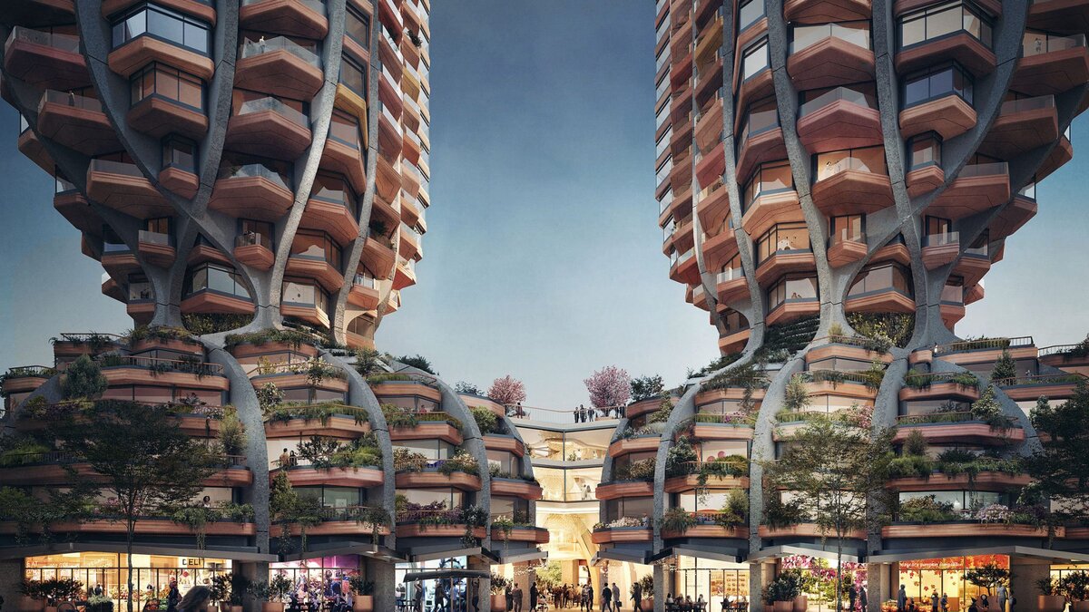 Нижний атриум, соединяющий две башни, согласно задумке архитектора Томаса Хизервика, напоминает корневую систему.