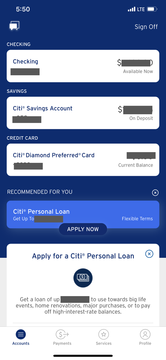 Скрин-шот приложения Citibank