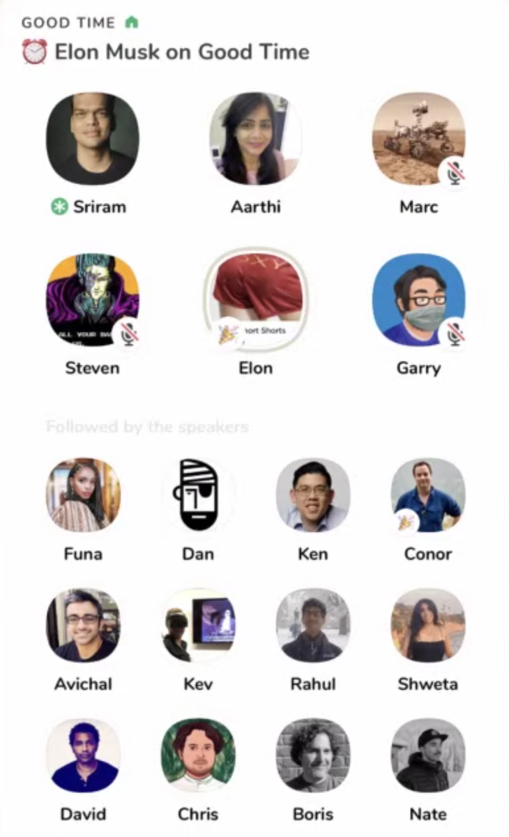 Скриншот приложения Clubhouse с участием Илона Маска. Источник: https://techcrunch.com