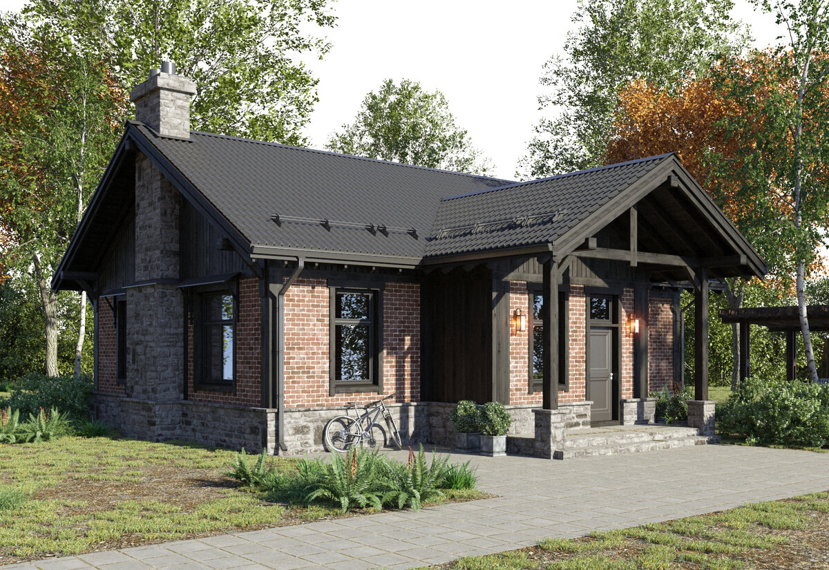 Внешний вид дома, ракурс на входную группу и окна гостиной