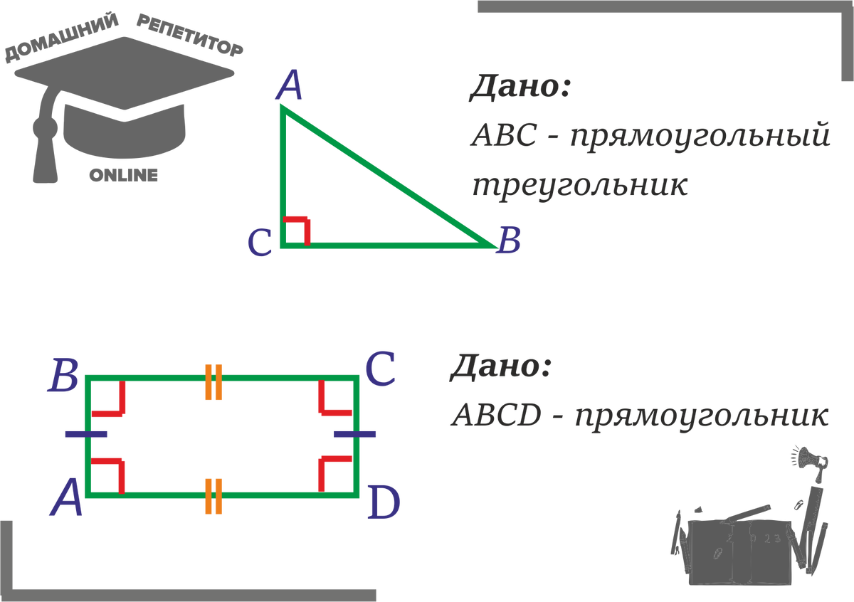 Рисунок 2. В прямоугольном треугольнике отмечен прямой угол. В прямоугольник отмечены соответственно равные стороны и прямые углы