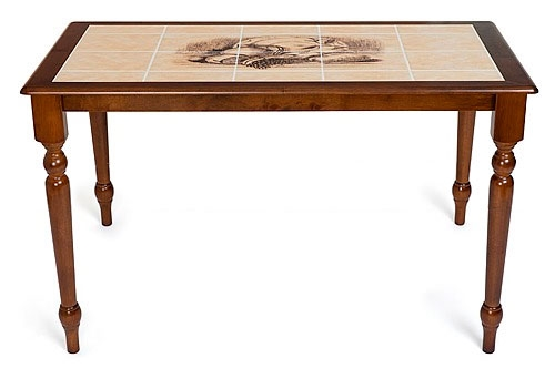 Размер (см): ширина - 115, глубина - 76, высота - 75. Материалы изготовления: каркас из прочного массива гевеи, столешница с керамической плиткой, устойчивой в механическим повреждениям и высоким температурам. Цвет: Тёмный дуб. На столешнице рисунок с изображением дерева. Производитель: Малайзия.