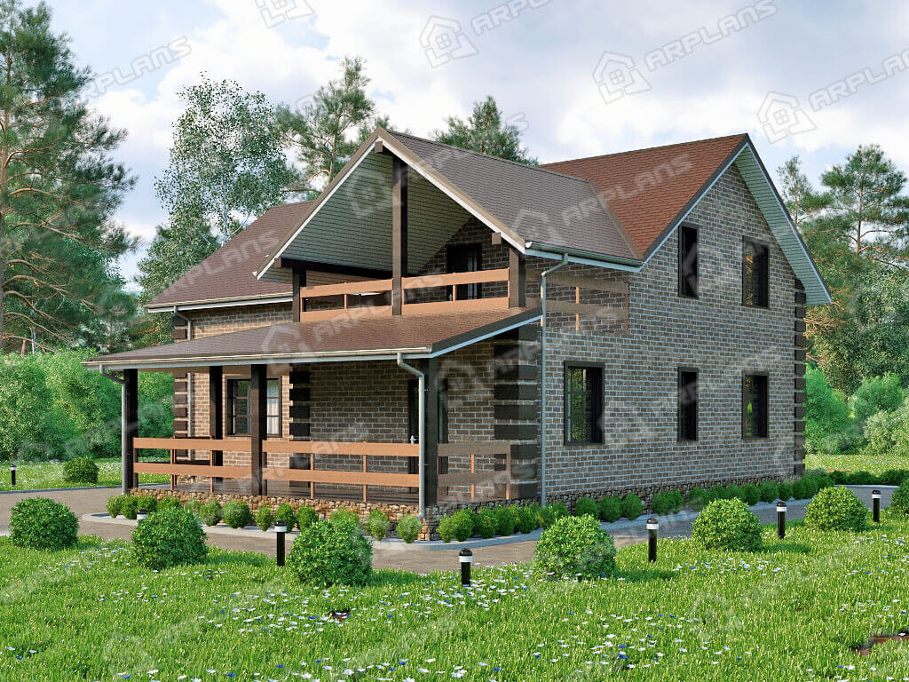 Фото 2 двухэтажного дома из кирпича с мансардой, 3 спальнями, балконом, газовой котельной и террасой. Общая площадь 220 кв м. Источник arplans.ru Проект К-020 