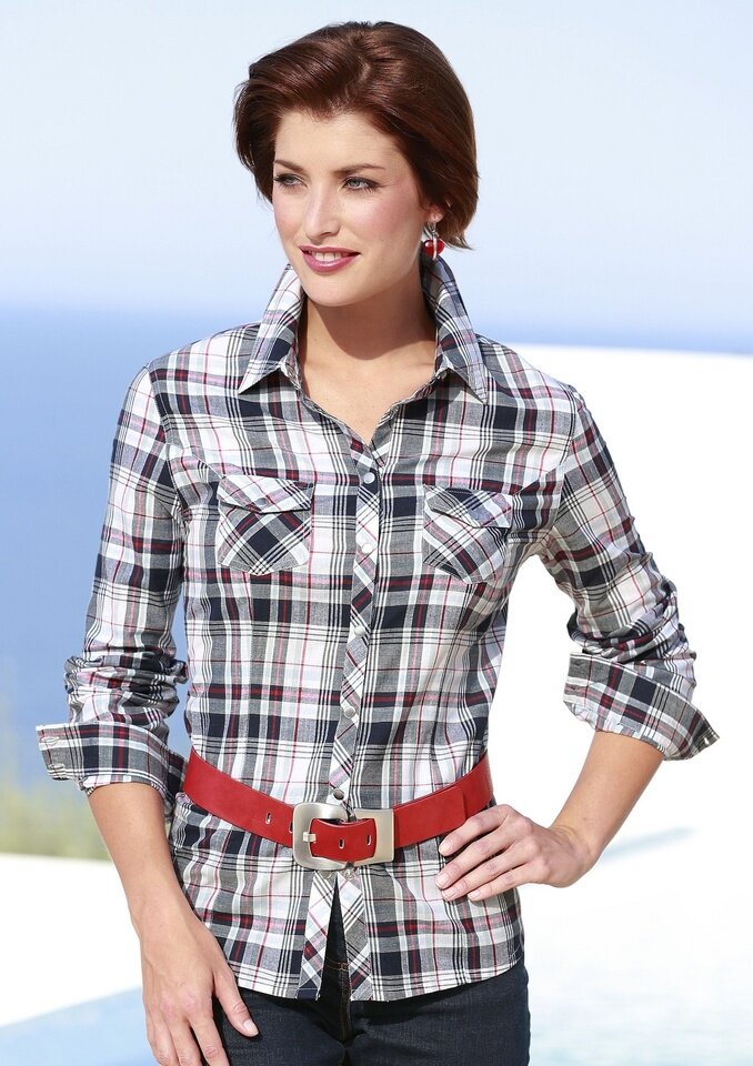 леомакс блузки. блузка со складками у горловины. женщина в клетчатой рубашке. блузки со складками по горловине. леомакс телемагазин лот 306-944 блуза.