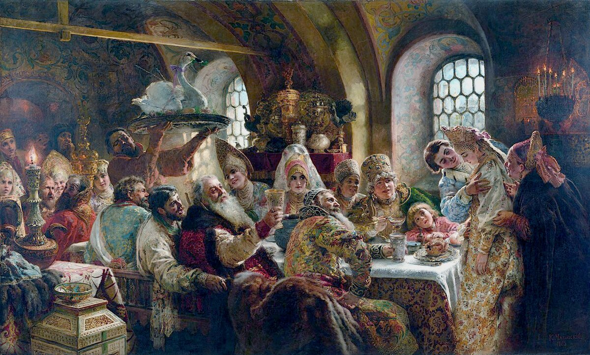 Константин Маковский «Боярский свадебный пир» 1883; холст, масло. 236×391 см; Музей Хиллвуд, Вашингтон, США.