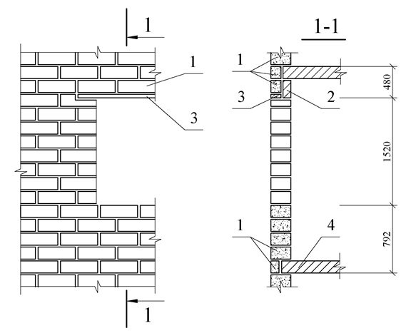 Кладка в зоне оконного проема. 1 - газобетонный блок, 2 - перемычка железобетонная, 3 - самонесущая перемычка, 4 - перекрытие