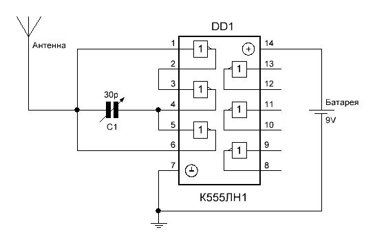 Принципиальная схема радиоглушилки на микросхеме К555ЛН1