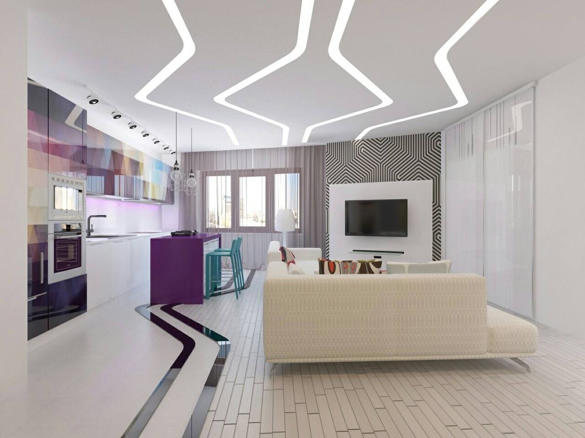 Зонирование потолка световыми линиями