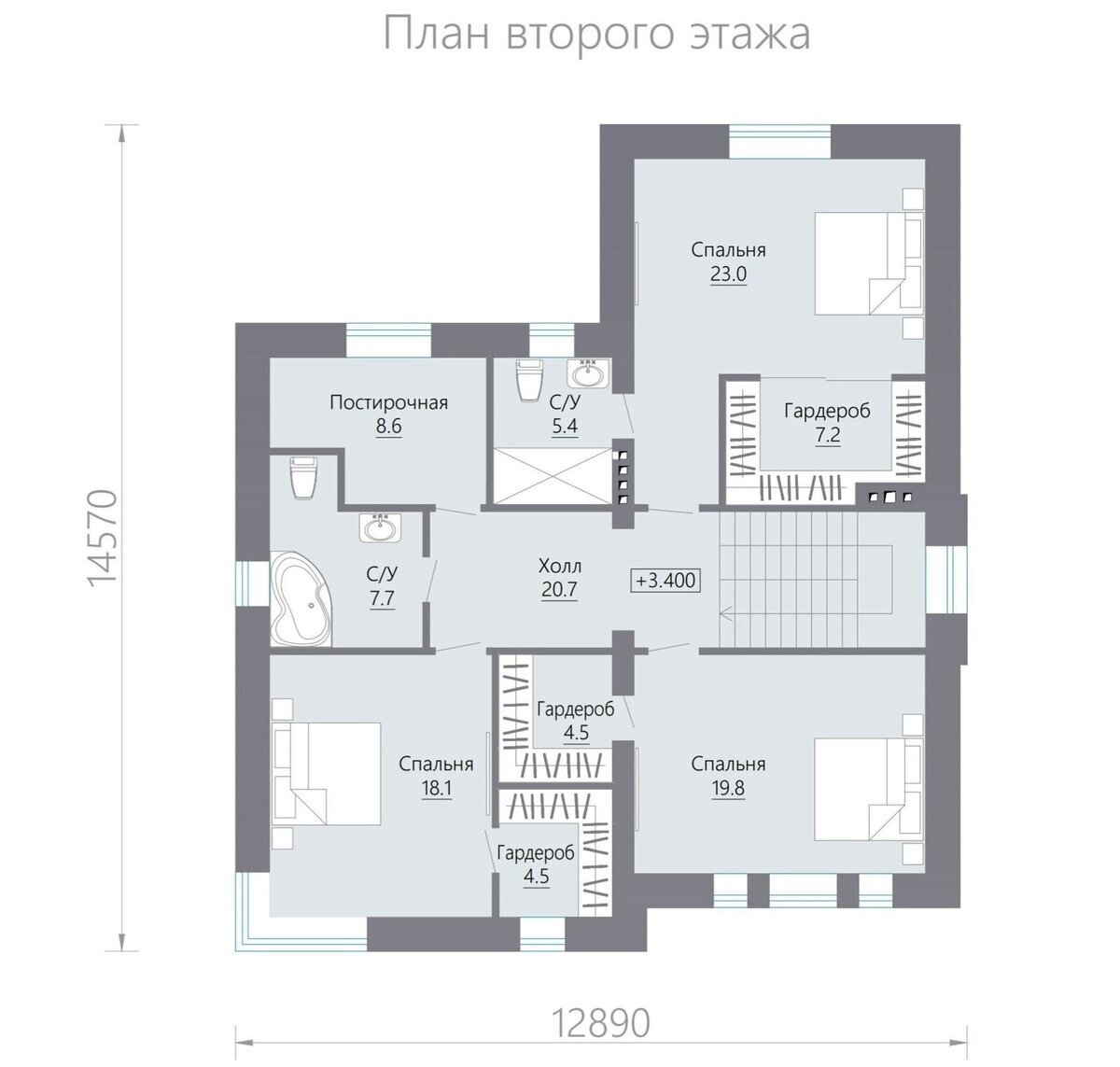 План второго этажа. Источник изображения: канал "Arh-For готовые проекты" (https://zen.yandex.ru/arh_for), Яндекс Дзен.