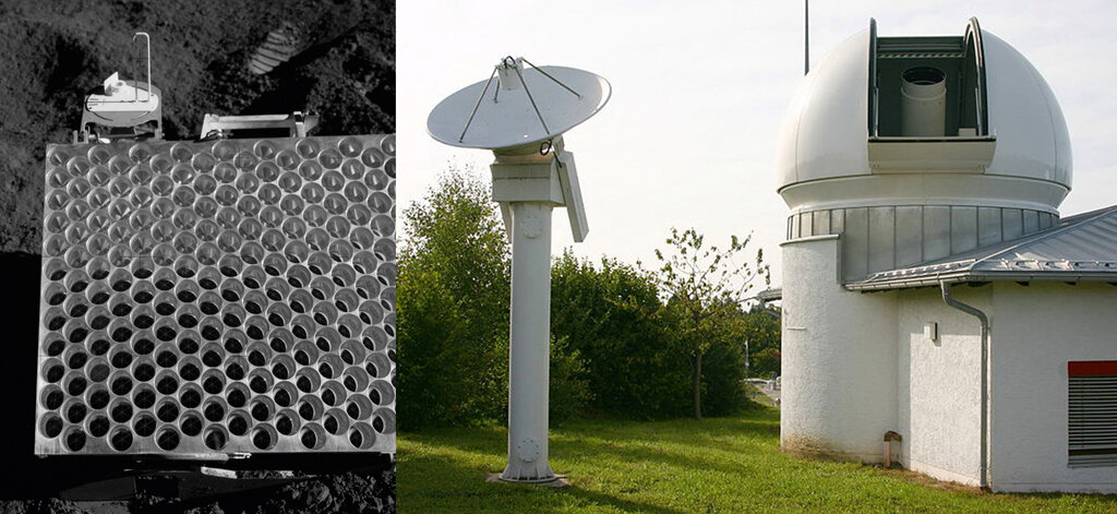 Рис. 6.1. Слева — лазерный отражатель, установленный миссией Аполлон-15 на лунной поверхности (NASA). Справа — одна из наземных станций лазерной локации Луны (Веттзелл, Бавария, Германия). Лазер и 75­ см телескоп расположены в куполе. Радар на переднем плане — для контроля воздушного движения и отключения лазера.