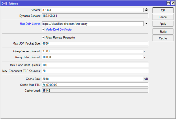 Здесь  возникает один интересный парадокс: DoH-сервер указан в виде URL, и  чтобы достичь его нам нужно будет выполнить разрешение имен на обычном  DNS-сервере. Поэтому в настройках выше у вас должен быть указан хотя бы  один DNS-сервер. Наиболее правильно будет не трогать текущие настройки  DNS, так как при указании DoH все запросы будут автоматически  направляться к нему. Таким образом ваш провайдер будет знать, что вы  используете DoH, но ваша интернет активность будет от него полностью  скрыта.