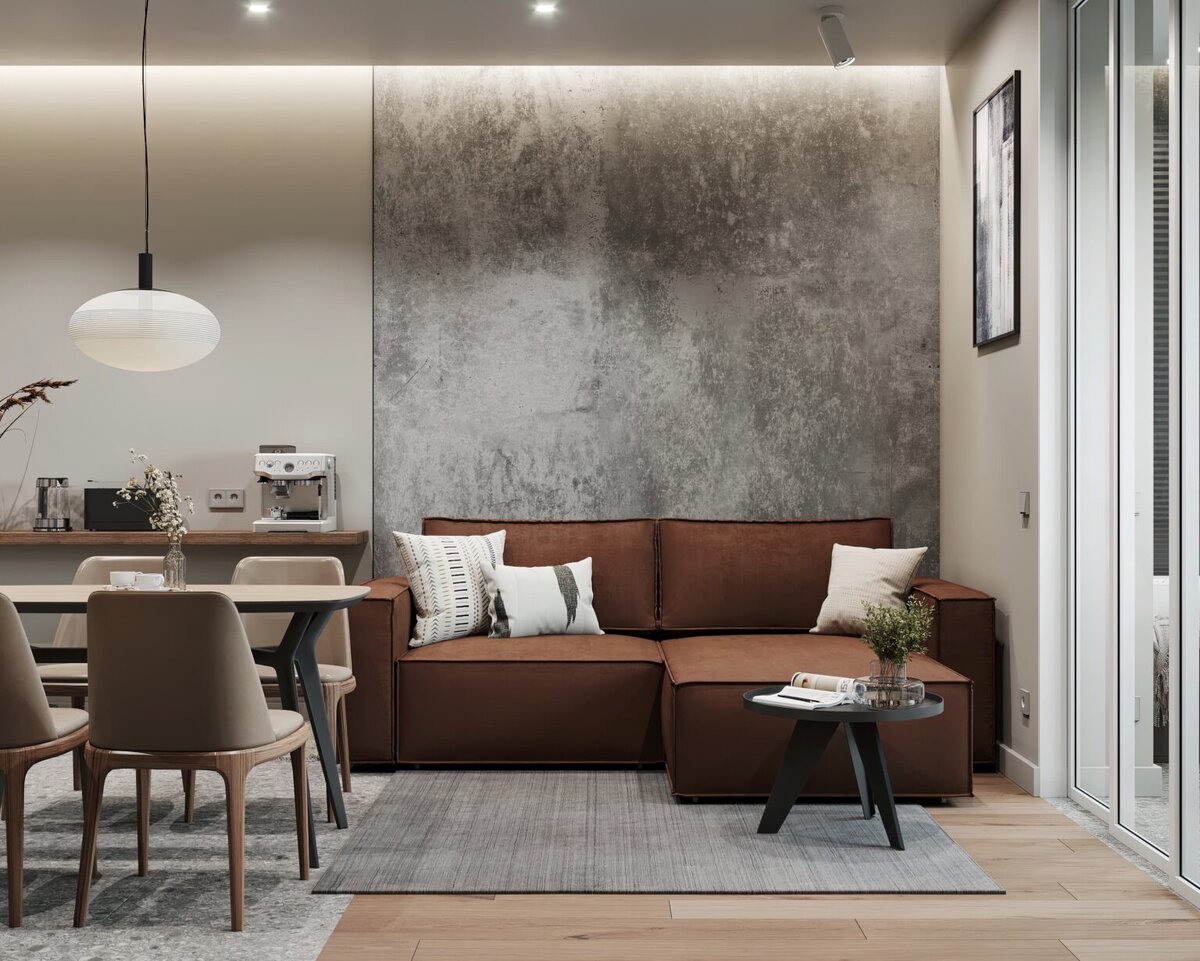 Современная кухня-гостиная в евротрёшке в жк Зиларт в Москве