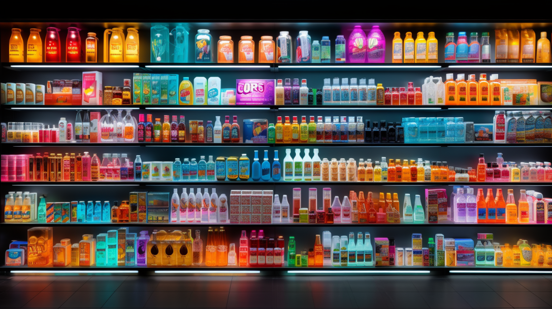 Полки полны товаров с нестандартным объёмом или массой