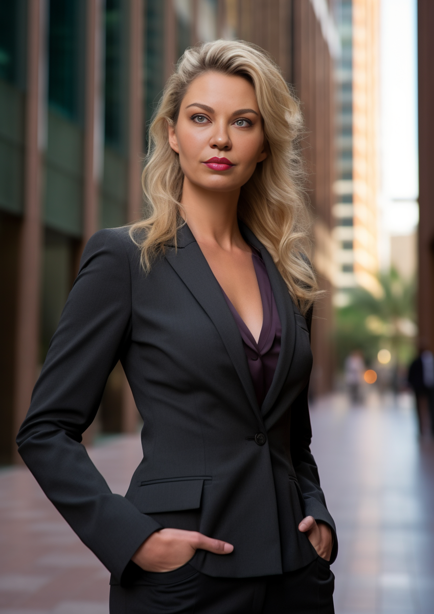 Здесь и далее те самые 3 готовых образа Юлии (+еще 2!)
На первом слайде Юлия в деловом образе, сгенерированном ИИ. Уличная фотосессия.
