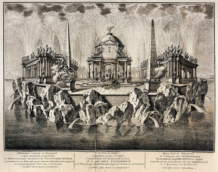 Гравюра, сделанная по рисунку Франческо Градицци, изобразившего фейерверк, сочиненный Яковом Штелиным. 1763 год
Приложена к брошюре «Описание аллегорического фейерверка, представленного для торжественного воспоминания дня, в который Ее Императорское Величество Екатерина, вторая Самодержица Всероссийская, к благополучию всего государства престол принять соизволила в Санкт-Петербурге пред императорским летним домом на Неве-реке. Июня 28-го дня 1763 года». 
© Российская государственная библиотека