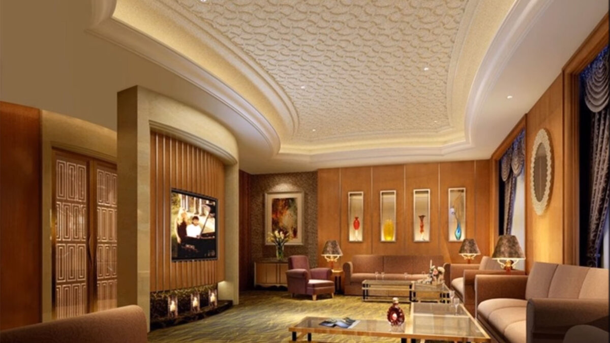 Подвесной потолок со встроенными светильниками в современном интерьере.