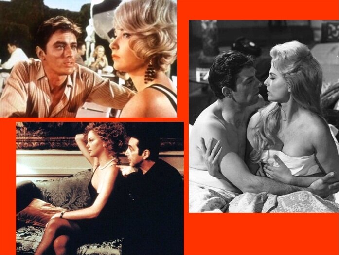 Кадры из х.ф. «Жёлтый роллс-ройс» (1964), «Сладкая жизнь» (1960) и «Адвокат дьявола» (1997).