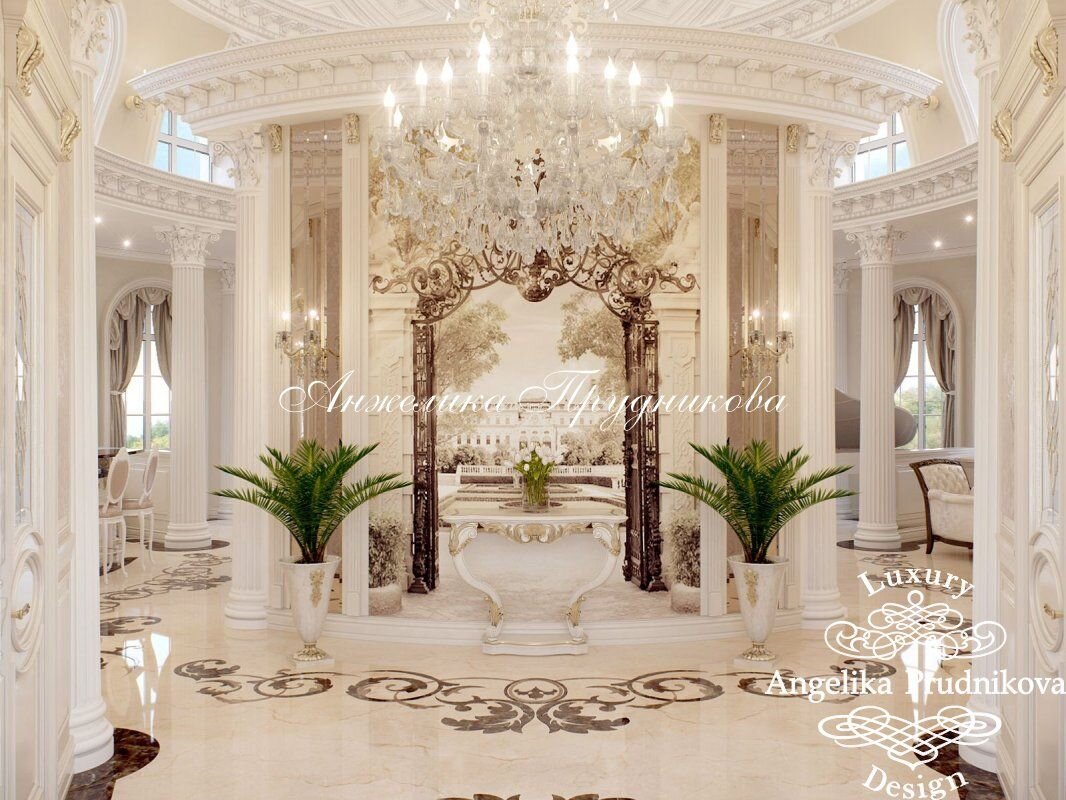 На фото: Интерьер гостиной в классическом стиле с лестницей в загородном доме