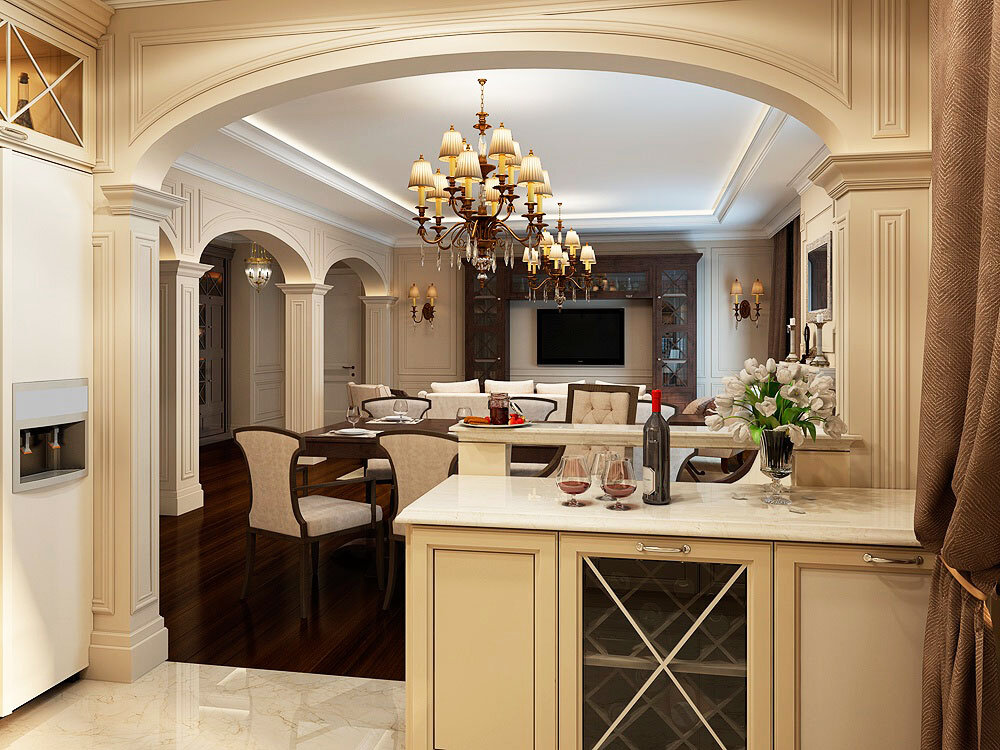 Обратите внимание на комбинированное решение, где присутствует и арочный проход, и разделение с помощью барной стойки (пункт 2 и 4)