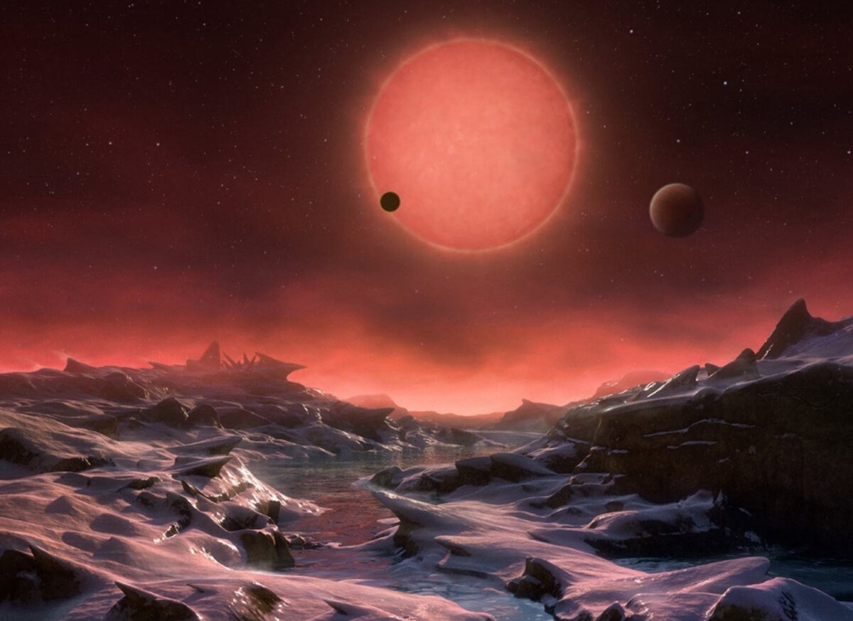 Вид с гипотетической планеты у красного карлика Trappist-1 в представлении художника (M. Kornmesser/ESO)