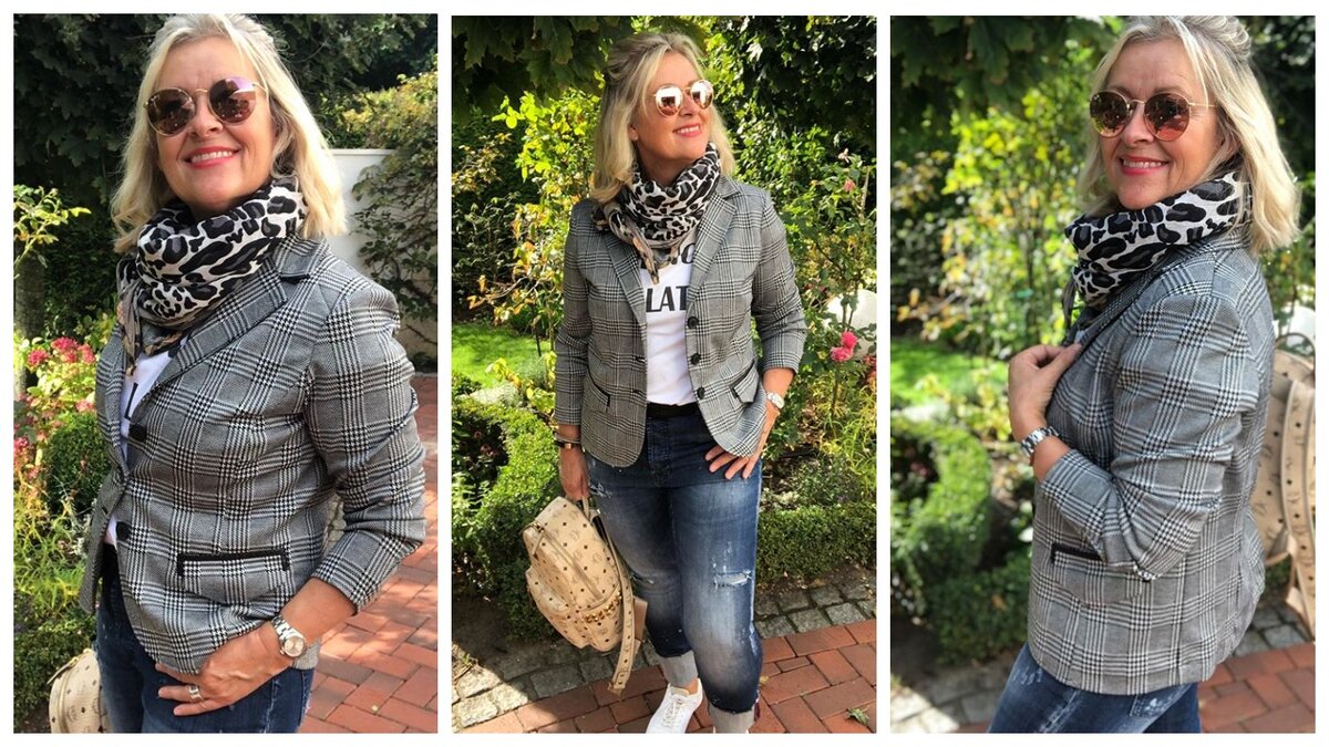 Обогатить образ поможет пиджак, шарф, качественная обувь и сумочка