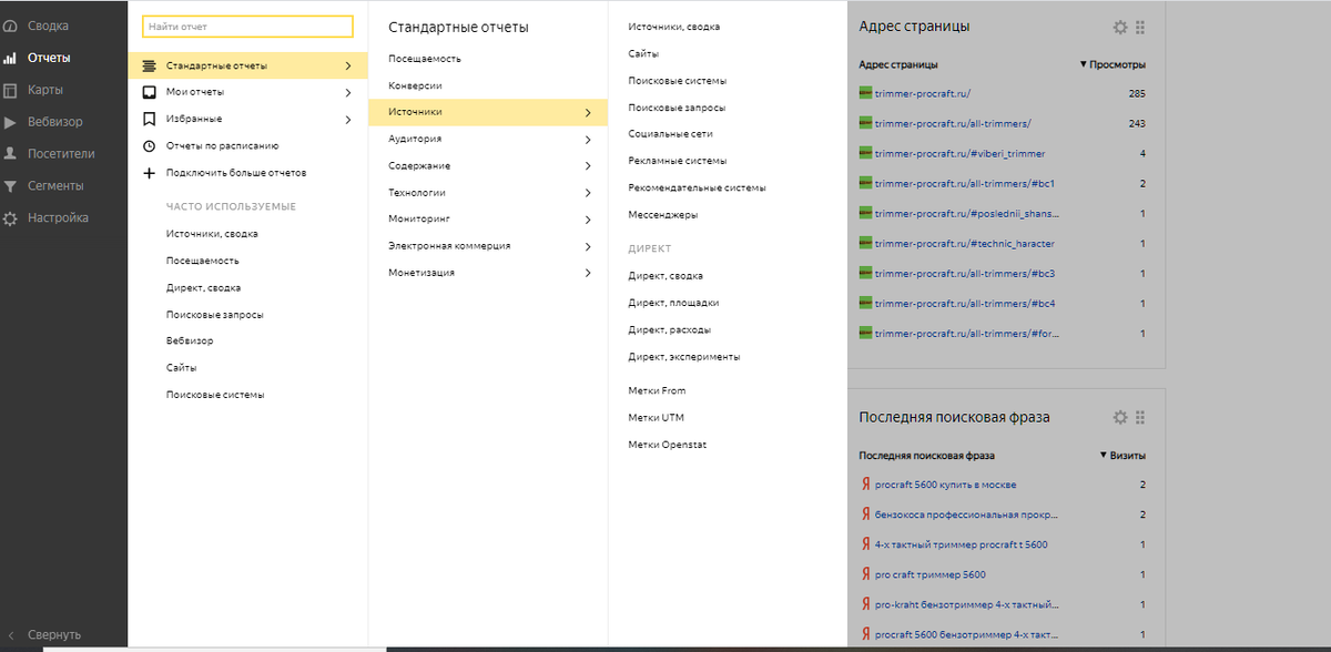 Яндекс Метрика, вил кабинета.