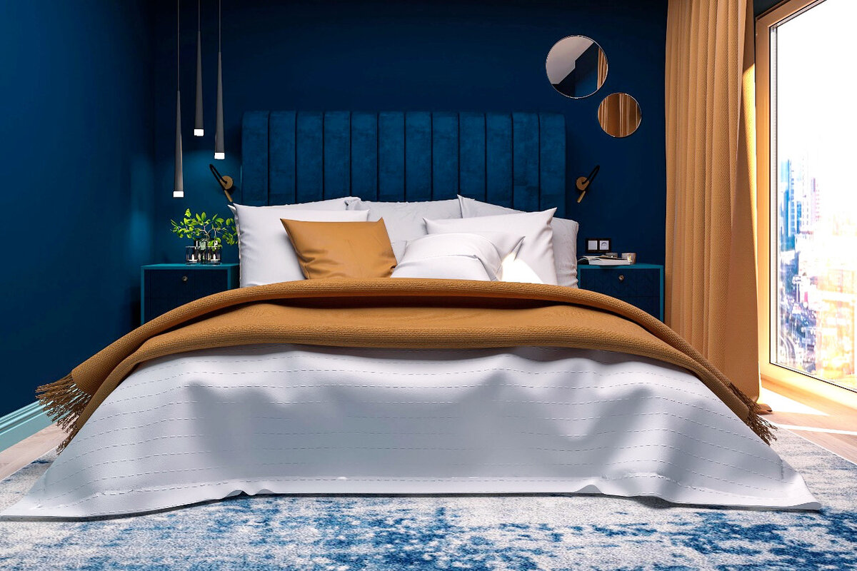 Интерьер спальни в Москве с видом на Москва Сити