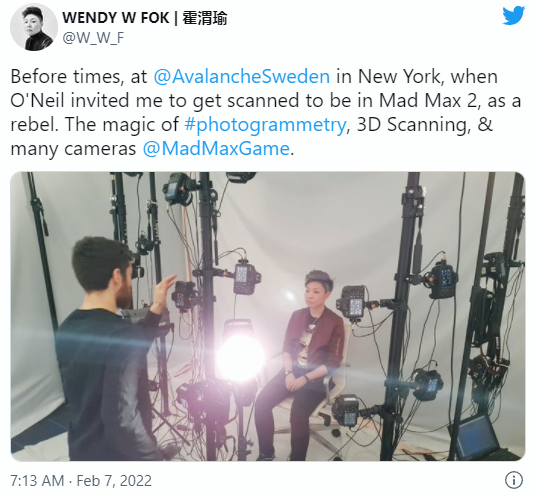 Перевод: «Раньше, в @AvalancheSweden в Нью-Йорке, когда О'Нил пригласил меня    отсканироваться для участия в «Безумном Максе 2» в образе бунтарки», — написала в   Твиттере креативный технолог Венди В. Фок. «Магия #фотограмметрии, 3D-сканирования  и множества камер @MadMaxGame».