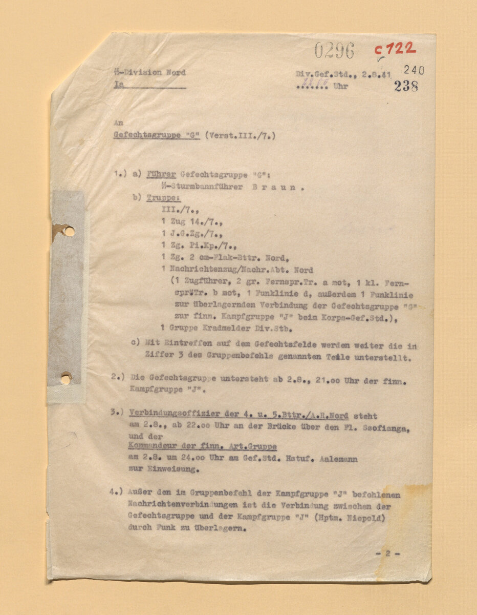 Основное: 3-й батальон 7-го полка - это боевая группа G. Её командир штурмбаннфюрер-СС Браун. С 21:00 2-го августа группа G подчиняется финской группе J.