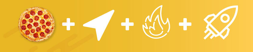 Формула создания логотипа. Фирменный знак логотипа пред- ставлен в виде пиццы. Один из кусков пиццы заменен на курсор геолокации, символизирующий, как указатель на карте, так и курсор мыши, с помощью которой осуществляется заказ.
Курсор вместе с огнем представляют собой ракету, как символ скорости, что очень важно для компании по доставке. 
Буква «У» в названии компании переходит в пунктирную линию, символизирующую путь по карте, с геометкой в конце. 