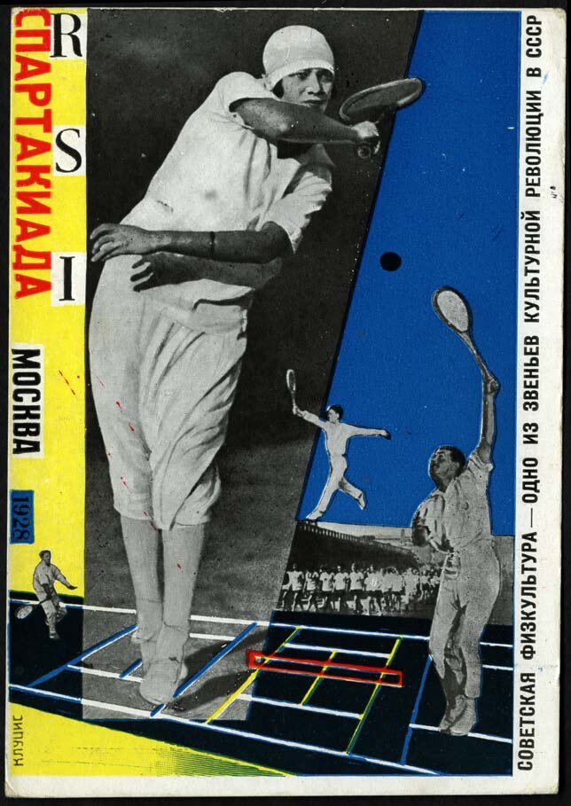 Клуцис Г. Г. R.S.I. Спартакиада, Москва, 1928 : советская физкультура - одно из звеньев культурной революции в СССР : почтовая карточка / фото-монтаж C. Клуцис [т. е. Г. Клуцис] ; фото С. А. Красинского. - [Москва]: изд. Орг. ком. Всесоюзн. спартакиады при ЦИК СССР, [1928] (Тип. "Изв. ЦИК СССР и ВЦИК"). - 1 л. : цв. фотомех. печ. 