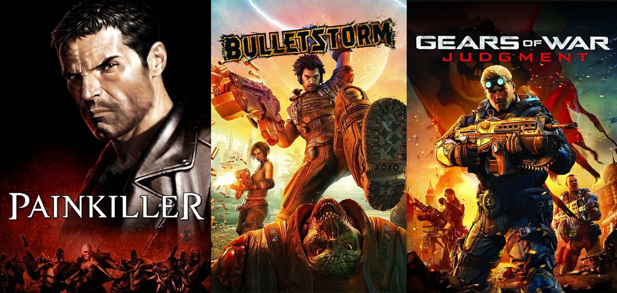 Обложки игр «Painkiller», «Bulletstorm» и «Gears of War: Judgment»