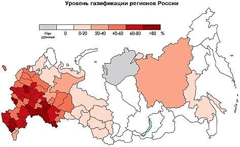 Схема из vawilon.ru. Пишут, что 2018 год, мне кажется, даже раньше, но новее не стал искать. И вообще не совсем ясно что составители данных схем имеют ввиду, газификацию в целом или только газификацию населения? В любом случае в цифрах в тексте я буду ориентироваться на официальные источники 2020 года именно по населению.