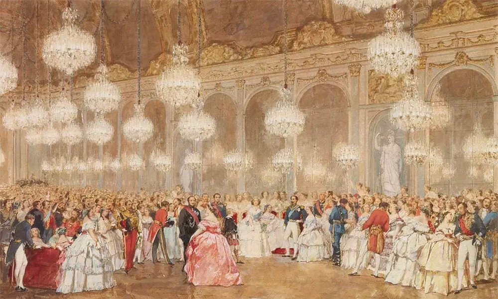 Виктор-Жозеф Чавет, «Увертюра к балу в Зеркальной галерее (Galerie des Glaces), Версаль», 1855. Картина взята в качестве иллюстрации. 