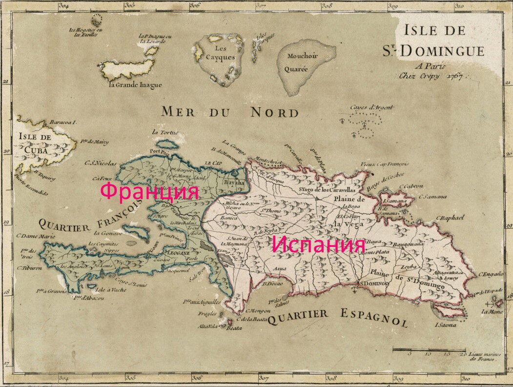 Карта острова Гаити (Испаньола), 18 век. Сейчас французская часть Испаньолы и Тортуга входят в состав республики Гаити, а испанская часть Испаньолы - в состав Доминиканской республики