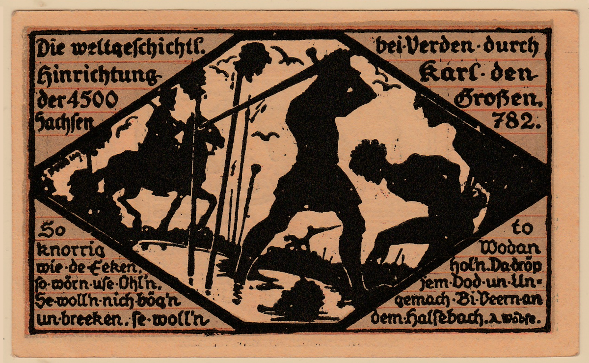 Контуры, изображающие данное событие на немецкой денежной купюре, 1921 год
