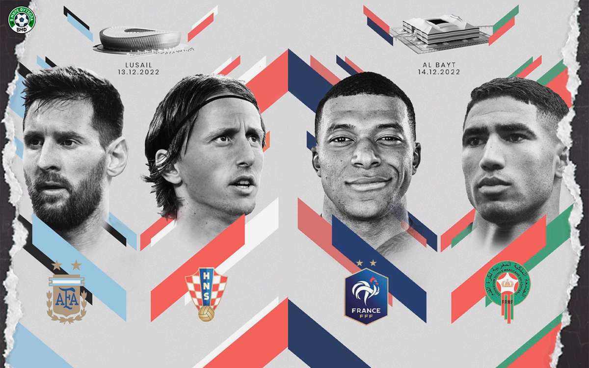 Полуфинал ЧМ-2022. Аргентина - Хорватия и Франция Марокко. На фото Лионель Месси, Лука Модрич, Килиан Мбаппе и Ашраф Хакими.