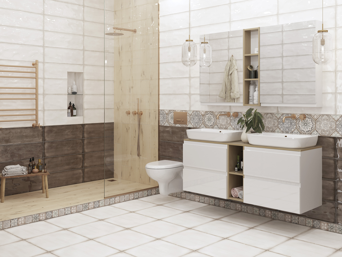 В небольшую ванную комнату подойдёт столешница глубиной 45 см, куда точно впишется компактная стиральная машинка. Позаботьтесь, чтобы оборудование не касалось мебели, в противном случае при стирке от вибрации поверхность может деформироваться или поцарапаться.