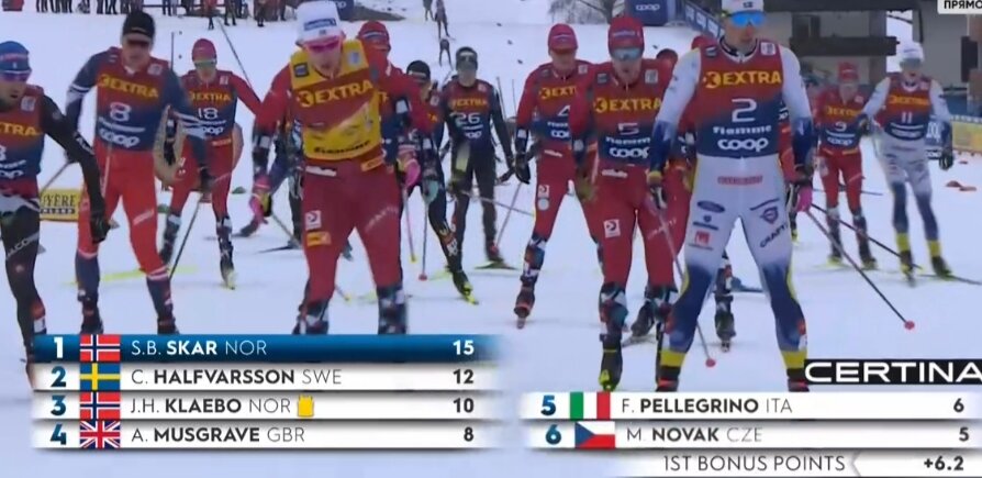 Бонусные секунды забрали Калле Хальфварсон и Синдре Скар. Вот они и заняли 2, 3 места в зачёте спринта ТДС