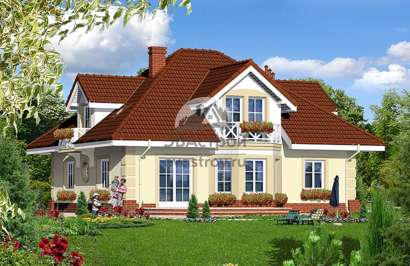 Проект дома 233 м2 с мансардой, двухместным гаражом, эркером, балконом и террасой - SK-44