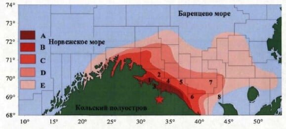 Расселение камчатского краба (А – границы ареала до 1977 г.; В – до 1990 г.; С – до 1994 г.; D- до 1997 г.; Е – до 2007 г.; звездочка – район вселения краба) и основные районы его промысла (1 – Варагерфьорд; 2 – Рыбачья банка; 3 – Мотовский залив; 4 – Кильдинская банка; 5 – Западный Прибрежный район; 6 – Востоный Прибрежный район; 7 – Мурманское мелководье; 8 – Канинская банка) в Баренцевом море (Кузьмин, Беренбойм, 2000; Student, Pinchukov, 2009) 
