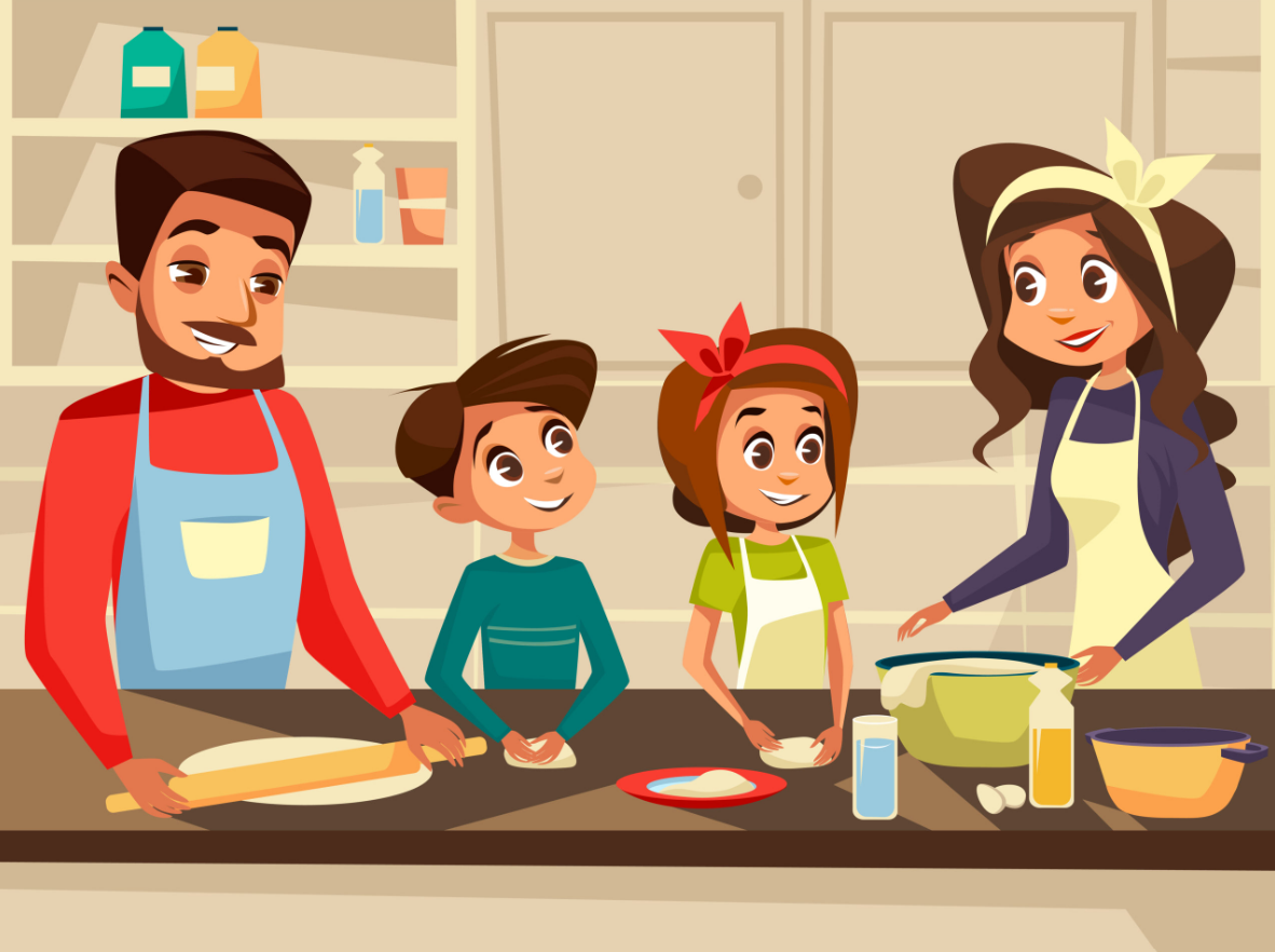 Кухня и дети мультяшная. Семья на кухне векторное. Семья кухня обед. Готовим всей семьей иллюстрации.