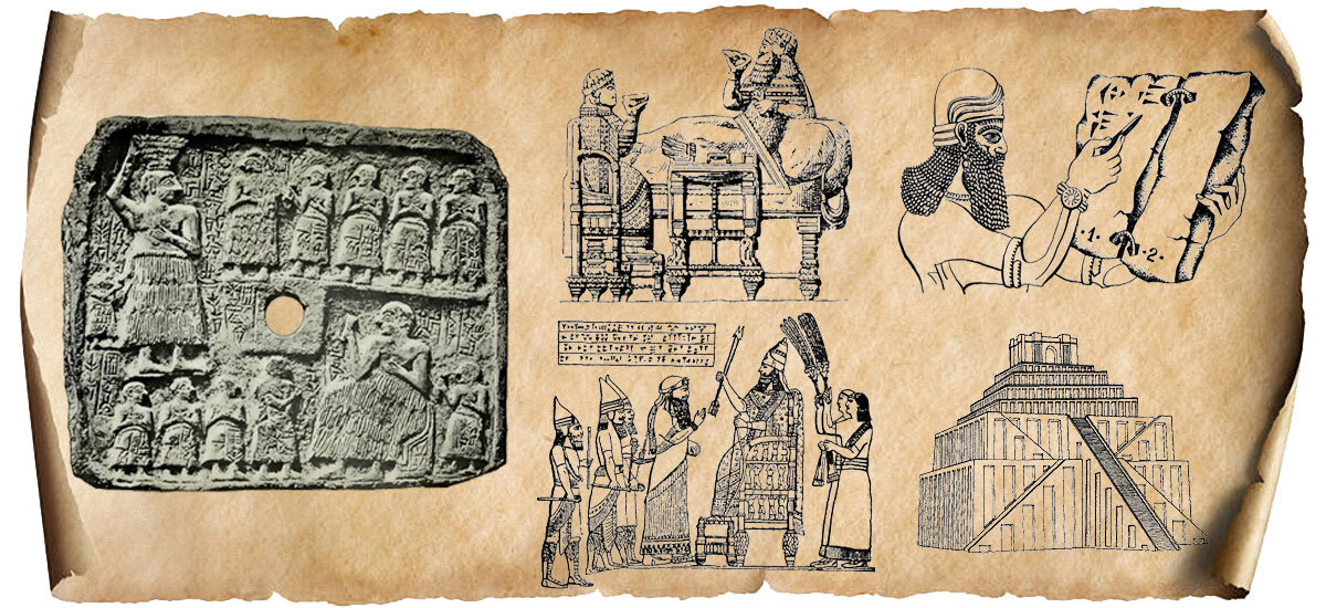 Каменная табличка с изображением подношения даров богу, восседающему на тронном кресле 4500 лет до н.э. Зарисовка царей, писаря с глиняными табличками и месопотамского Зиккурата. 