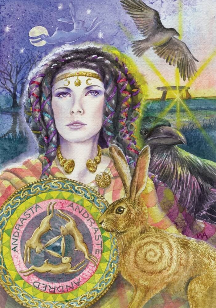 Андраста бриттов- покровители января.❄❄❄ О богине Андрасте почти ничего не известно. Пожалуй лишь то, что ей поклонялась Боадикея, королева-воительница бриттов, которой чуть было не удалось остановить победоносное шествие римских легионов. Мы знаем, что Андраста была связана с луной, поскольку ее священным животным был заяц или кролик. История гласит, что перед последней битвой с римлянами, королева выпустила зайца и пыталась по его следам узнать будущее (гадание по действиям животных практиковалось не только в кельтской, но и во многих других цивилизациях). Что увидела Боадикея в следах зайца, осталось тайной. Она повела свою армию в генеральное наступление на отлично обученные римские легионы и чуть было не нанесла им поражение. Попав в плен, королева приняла яд, не позволив римлянам провезти ее по Риму во время победного шествия.
Вероятно, что более поздним воплощением Андрасты была Эостра, которая также была связана с кроликами, яйцами и Весенним Равноденствием.