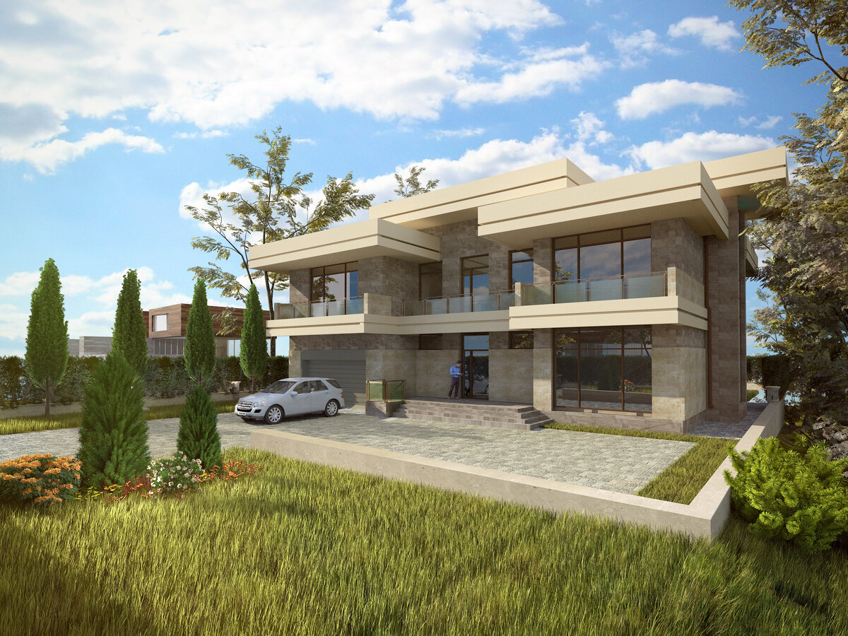 Двухэтажный коттедж в стиле минимализм с панорамным остеклением, гаражом на два автомобиля. Общая площадь дома в 510 м2 позволяет комфортно разместиться большой семье.