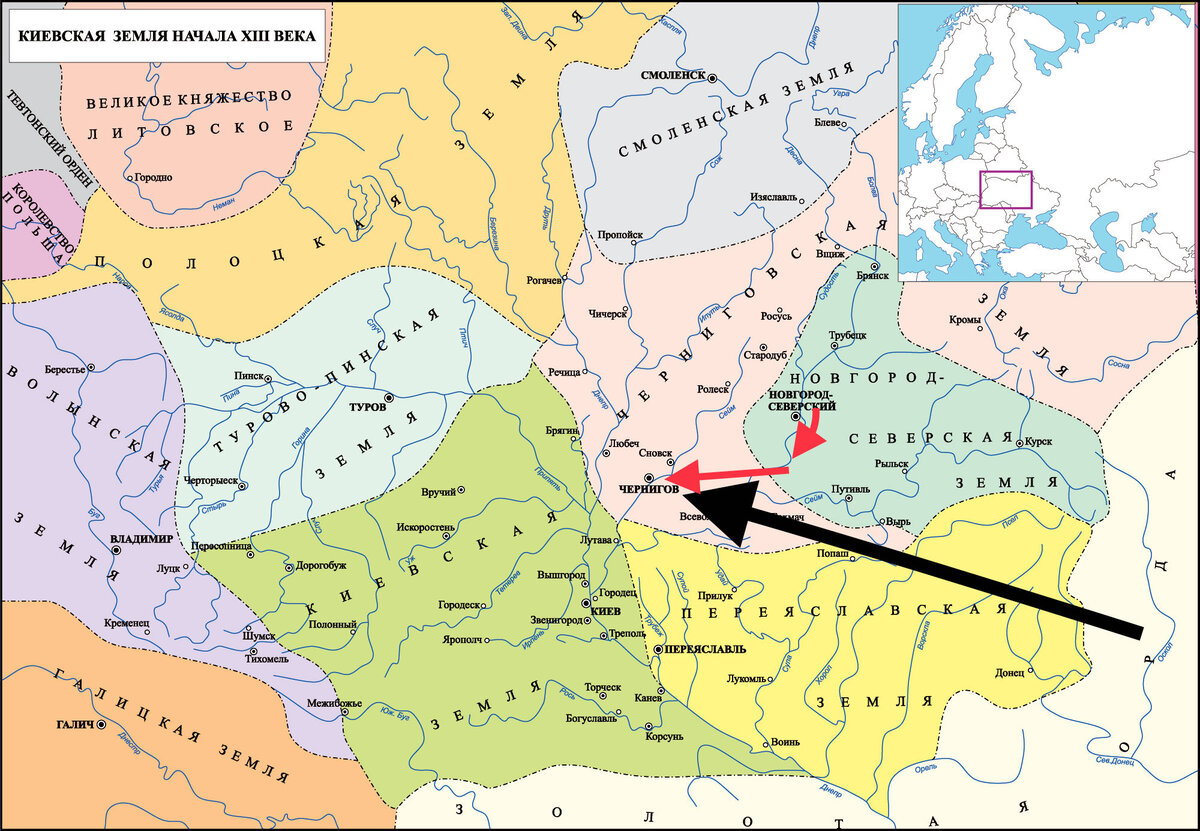 черный - вторжение Батыя осенью 1239 г. красный - подход северян на помощь