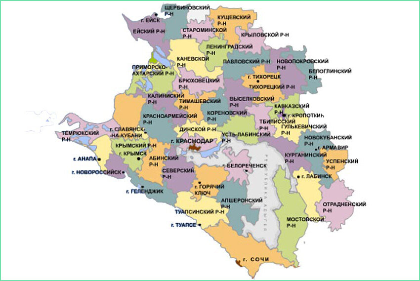 Краснодарский край какие города входят. Карта Краснодарского края с районами. Краснодарский край карта с городами и поселками. Карта Краснодарского края с районами и городами. Краснодарскиймкрай на карте.